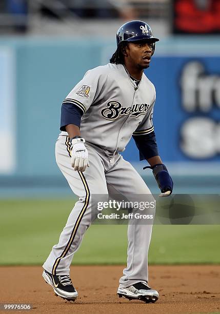 Rickie Weeks of the Milwaukee Brewers leads off of second base against the Los Angeles Dodgers at Dodger Stadium on May 4, 2010 in Los Angeles,...