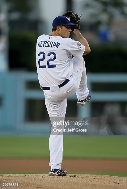 Clayton Kershaw of the Los Angeles Dodgers pitches against the Milwaukee Brewers at Dodger Stadium on May 4, 2010 in Los Angeles, California.