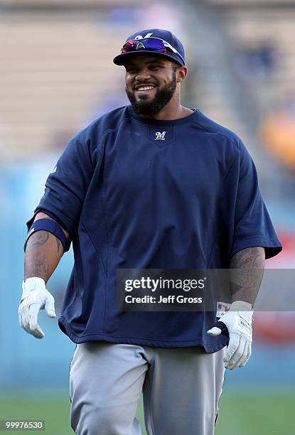Prince Fielder of the Milwaukee Brewers looks on prior to the start of the game against the Los Angeles Dodgers at Dodger Stadium on May 4, 2010 in...