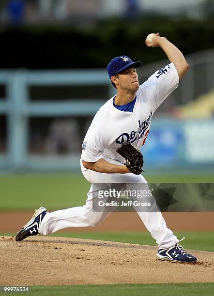 Clayton Kershaw of the Los Angeles Dodgers pitches against the Milwaukee Brewers at Dodger Stadium on May 4, 2010 in Los Angeles, California.