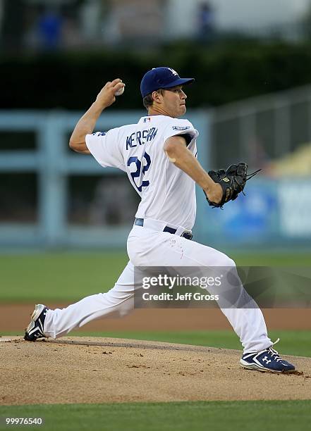 Clayton Kershaw of the Los Angeles Dodgers pitches against the Milwaukee Brewers at Dodger Stadium on May 4, 2010 in Los Angeles, California.