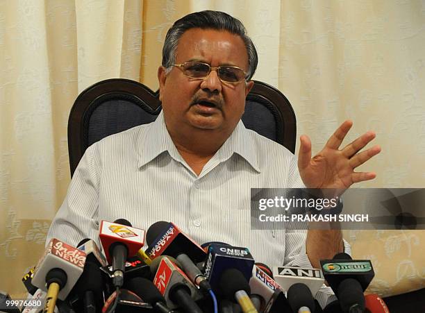 Chhattisgarh Chief Minister Raman Singh addresses a press conference in New Delhi on May 19, 2010. Terming Naxals as the biggest terrorists,...