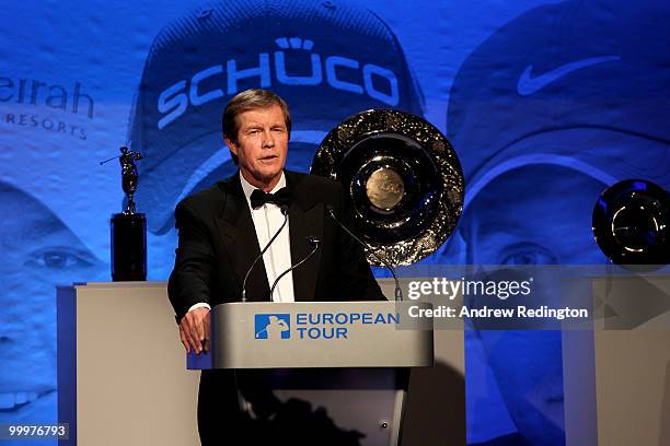 Chief Executive of the European Tour George O'Grady makes a speech during the 2010 Tour Dinner prior to the BMW PGA Championship on the West Course...