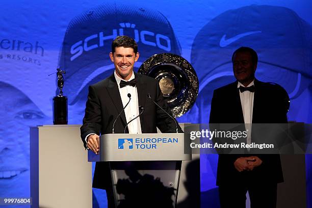 Padraig Harrington of Ireland makes a speech during the 2010 Tour Dinner prior to the BMW PGA Championship on the West Course at Wentworth on May 18,...