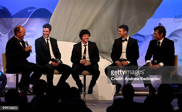 Thomas Levet, Ross Fisher, Rory McIlroy, Martin Kaymer and Lee Westwood on stage during the 2010 Tour Dinner prior to the BMW PGA Championship on the...
