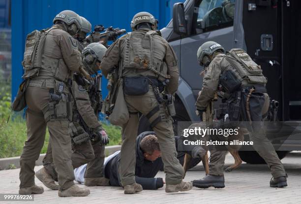 Members of the special elite commando SEK of the police simulate a terrorist attack in Frankfurt am Main, Germany, 8 September 2017. The dog...