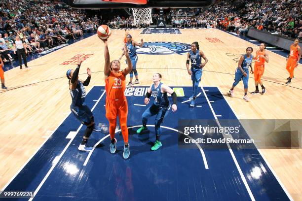 Morgan Tuck of the Connecticut Sun shoots the ball against the Minnesota Lynx on July 15, 2018 at Target Center in Minneapolis, Minnesota. NOTE TO...