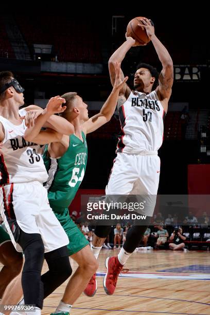 McDaniels of the Portland Trail Blazers shoots the ball against the Boston Celtics during the 2018 Las Vegas Summer League on July 15, 2018 at the...