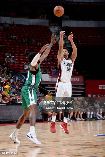 McDaniels of the Portland Trail Blazers shoots the ball against the Boston Celtics during the 2018 Las Vegas Summer League on July 15, 2018 at the...