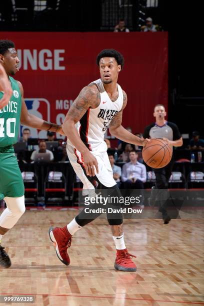 McDaniels of the Portland Trail Blazers handles the ball against the Boston Celtics during the 2018 Las Vegas Summer League on July 15, 2018 at the...
