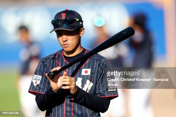 Yoshiaki Watanabe of Japan is seen prior to the Haarlem Baseball Week game between Cuba and Japan at Pim Mulier Stadion on July 15, 2018 in Haarlem,...