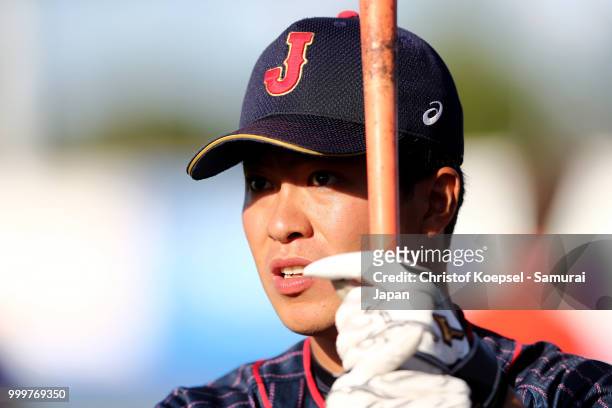 Yoshiaki Watanabe of Japan is seen prior to the Haarlem Baseball Week game between Cuba and Japan at Pim Mulier Stadion on July 15, 2018 in Haarlem,...