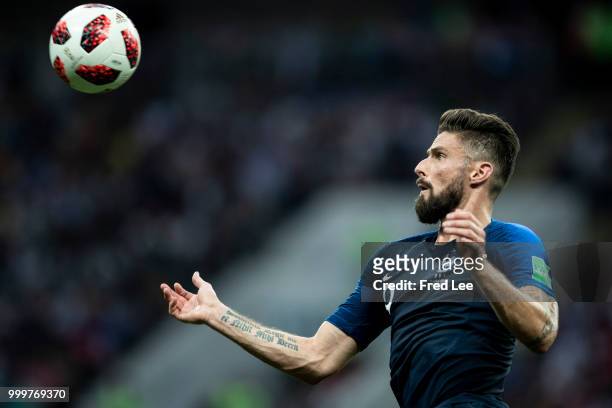Olivier Giroud of France in action during the 2018 FIFA World Cup Russia Final between France and Croatia at Luzhniki Stadium on July 15, 2018 in...