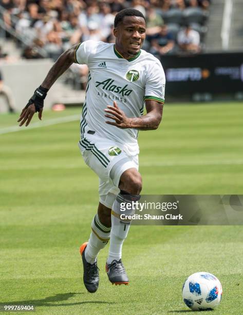 Alvas Powell of Portland Timbers moves the ball against Los Angeles FC at the Banc of California Stadium on July 15, 2018 in Los Angeles, California....