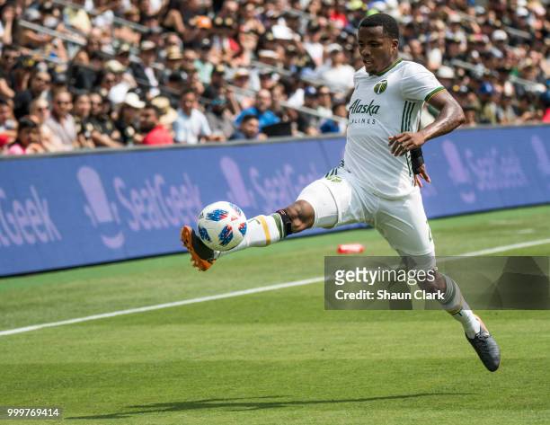 Alvas Powell of Portland Timbers controls the ball against Los Angeles FC at the Banc of California Stadium on July 15, 2018 in Los Angeles,...