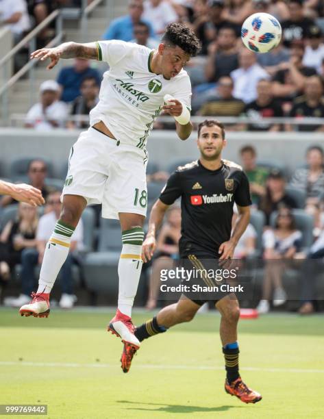 Julio Cascante of Portland Timbers heads the ball toward goal against Los Angeles FC at the Banc of California Stadium on July 15, 2018 in Los...