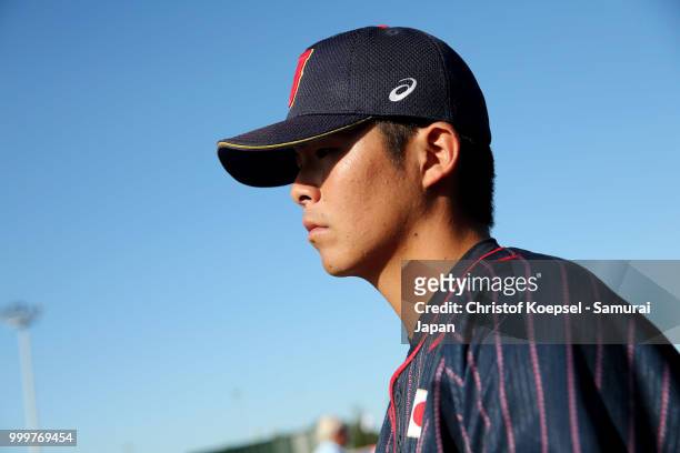 Noboru Shimizu of Japan is seen during the Haarlem Baseball Week game between Cuba and Japan at Pim Mulier Stadion on July 15, 2018 in Haarlem,...