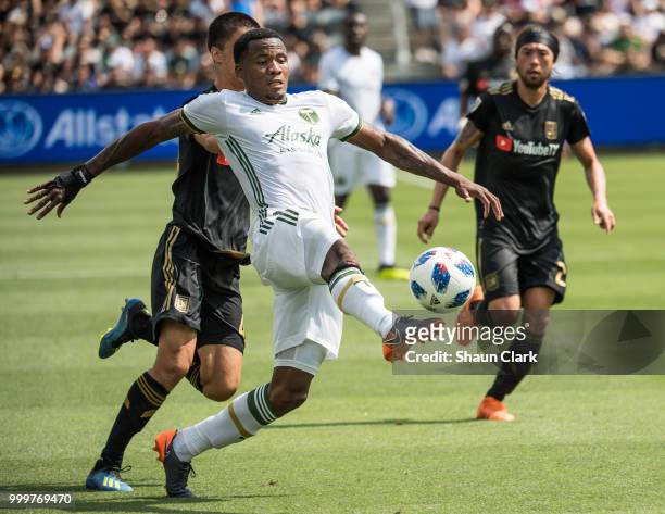 Alvas Powell of Portland Timbers charges in on goal against the Los Angeles FC at the Banc of California Stadium on July 15, 2018 in Los Angeles,...