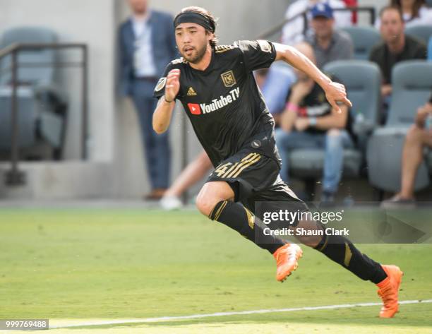 Lee Nguyen of Los Angeles FC chases the play against the Portland Timbers at the Banc of California Stadium on July 15, 2018 in Los Angeles,...