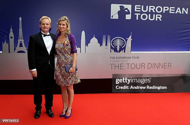 Soren Kjeldsen of Denmark and wife Charlotte arrive at the 2010 Tour Dinner prior to the BMW PGA Championship on the West Course at Wentworth on May...