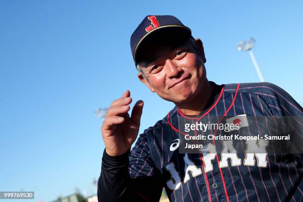 Manager Tsutomu Ikuta of Japan is seen prior to the Haarlem Baseball Week game between Cuba and Japan at Pim Mulier Stadion on July 15, 2018 in...