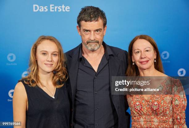 The actors Anke Retzlaff , Thomas Sarbacher and producer Sabine Tettenborn pose on set during a press meeting regarding "The ARD Thursday crime...