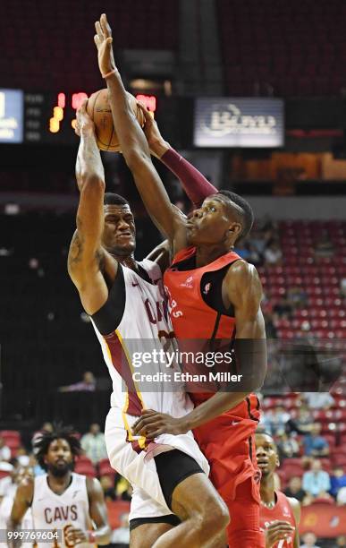 Billy Preston of the Cleveland Cavaliers is fouled as he shoots against Chris Boucher of the Toronto Raptors during a quarterfinal game of the 2018...