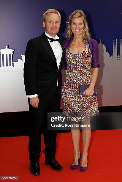 Soren Kjeldsen of Denmark and wife Charlotte arrive at the 2010 Tour Dinner prior to the BMW PGA Championship on the West Course at Wentworth on May...