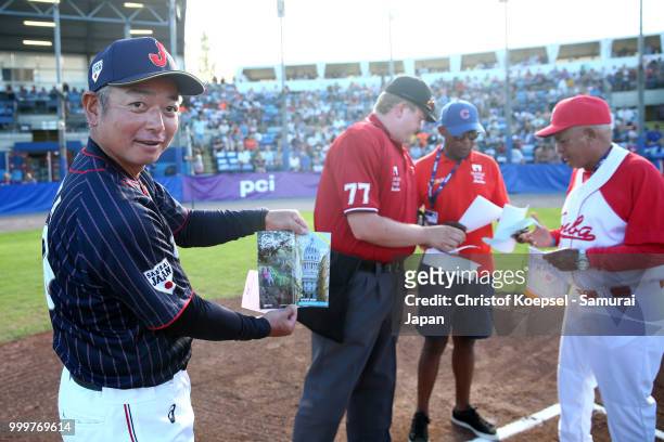Manager Tsutomu Ikuta of Japan is seen prior to the Haarlem Baseball Week game between Cuba and Japan at Pim Mulier Stadion on July 15, 2018 in...