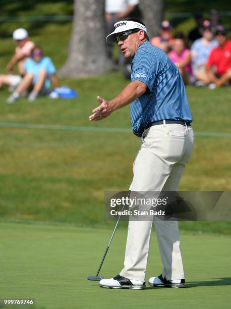 Brandt Jobe reacts to his putt on the 18th hole during the final round of the PGA TOUR Champions Constellation SENIOR PLAYERS Championship at Exmoor...