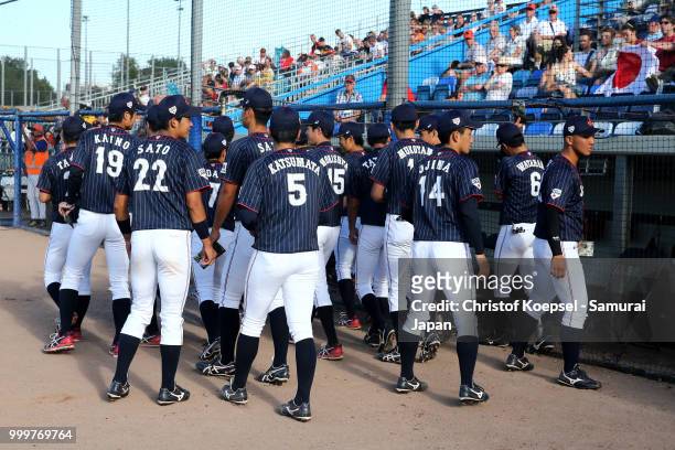 The team of Japan comes together prior to the Haarlem Baseball Week game between Cuba and Japan at Pim Mulier Stadion on July 15, 2018 in Haarlem,...