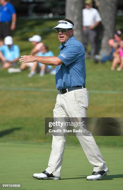 Brandt Jobe reacts to his putt on the 18th hole during the final round of the PGA TOUR Champions Constellation SENIOR PLAYERS Championship at Exmoor...