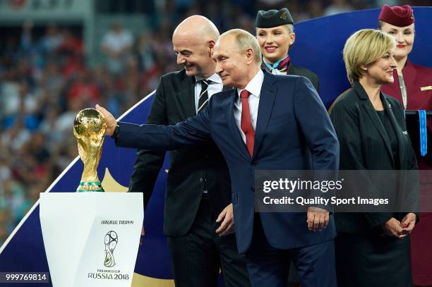 Russian President Vladimir Putin and FIFA President Gianni Infantino attend the award ceremony of the 2018 FIFA World Cup Russia Final between France...