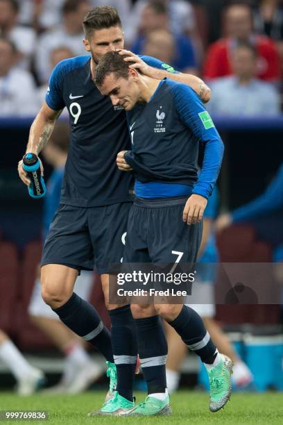 C of France celebrates after his free-kick leads to an own goal by Mario Mandzukic of Croatia, and France's first goal during the 2018 FIFA World Cup...