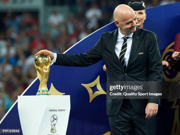 President Gianni Infantino attends the award ceremony of the 2018 FIFA World Cup Russia Final between France and Croatia at Luzhniki Stadium on July...