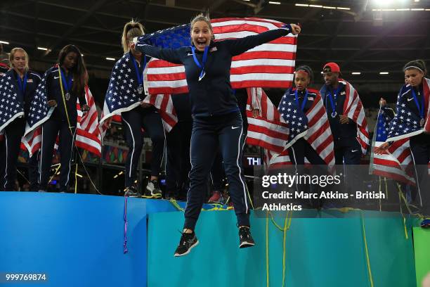 Kara Winger of USA celebrates victory during Day Two of the Athletics World Cup 2018 presented by Muller at London Stadium on July 15, 2018 in...