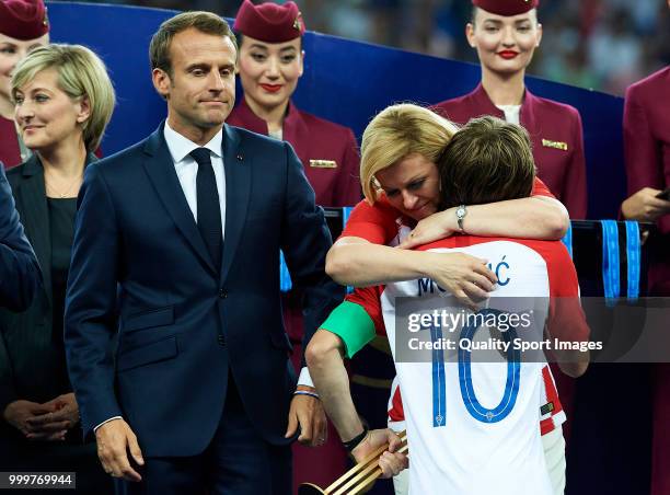 Luka Modric of Croatia embraces Kolinda Grabar-Kitarovic, President of Croatia after the 2018 FIFA World Cup Russia Final between France and Croatia...