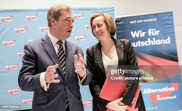 Chairwoman of the AfD-Berlin Beatrix von Storch and Europsceptic Nigel Farage from the United Kingdom speak at a press conference in Berlin, Germany,...