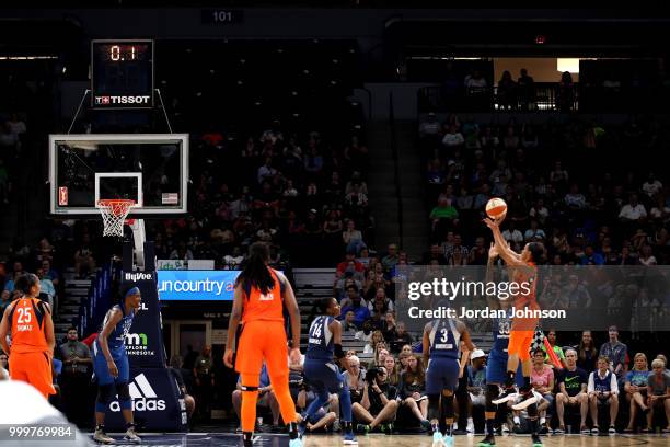 Jasmine Thomas of the Connecticut Sun shoots the ball during the game against the Minnesota Lynx on July 15, 2018 at Target Center in Minneapolis,...