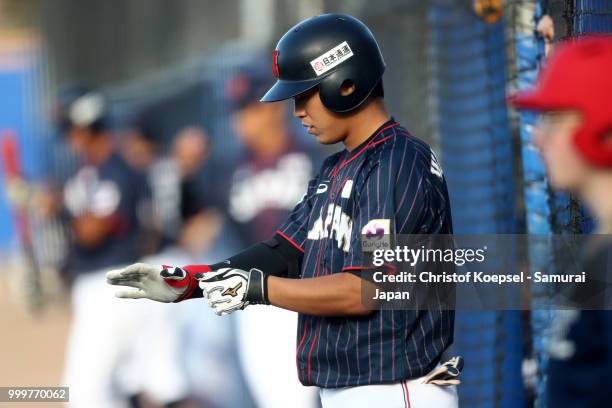 Yoshiaki Watanabe of Japan prepares during the Haarlem Baseball Week game between Cuba and Japan at Pim Mulier Stadion on July 15, 2018 in Haarlem,...