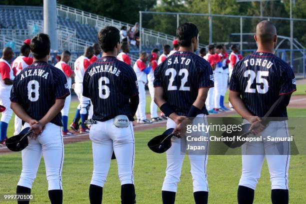 The team of Japan stands for the national anthem prior to the Haarlem Baseball Week game between Cuba and Japan at Pim Mulier Stadion on July 15,...