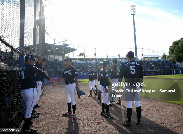 The team of Japan prepares during the Haarlem Baseball Week game between Cuba and Japan at Pim Mulier Stadion on July 15, 2018 in Haarlem,...