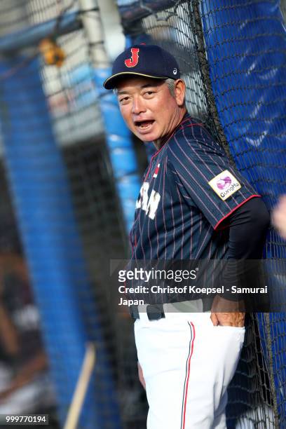 Manager Tsutomu Ikuta of Japan looks on during the Haarlem Baseball Week game between Cuba and Japan at Pim Mulier Stadion on July 15, 2018 in...