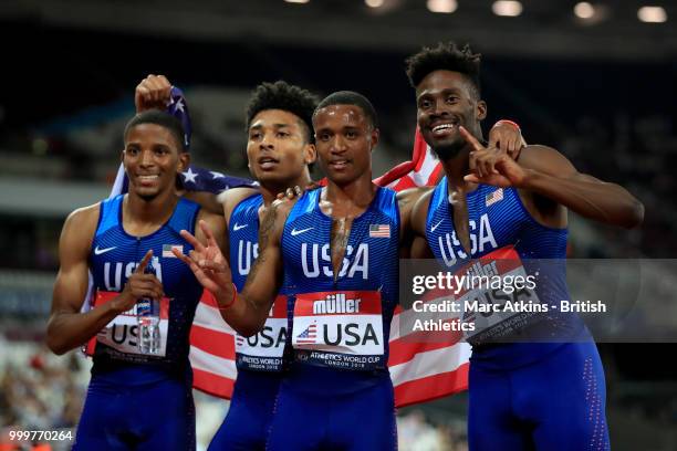 The USA team pose for a photo after winning the Men's 4x400m Relay during Day Two of the Athletics World Cup 2018 presented by Muller at London...