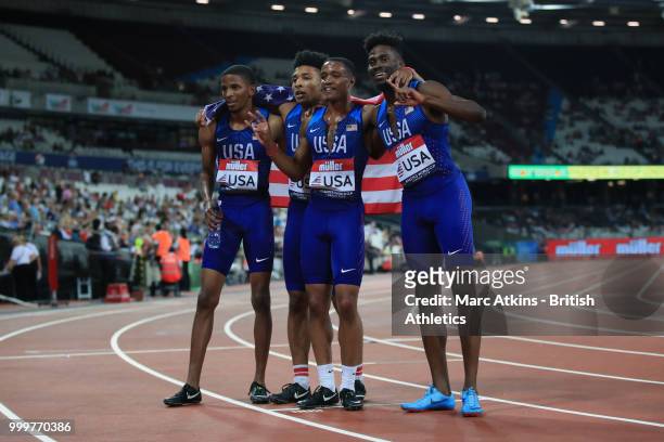The USA team pose for a photo after winning the Men's 4x400m Relay during Day Two of the Athletics World Cup 2018 presented by Muller at London...