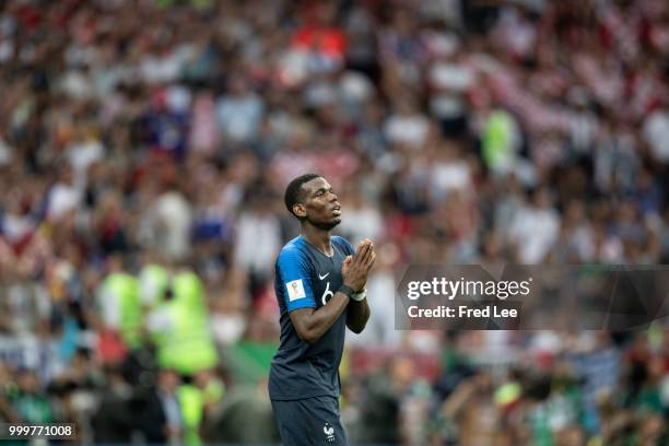 Paul Pogba of France reacts during the 2018 FIFA World Cup Russia Final between France and Croatia at Luzhniki Stadium on July 15, 2018 in Moscow,...