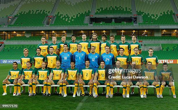 Socceroo players pose for a photo before an Australian Socceroos training session at AAMI Park on May 19, 2010 in Melbourne, Australia.