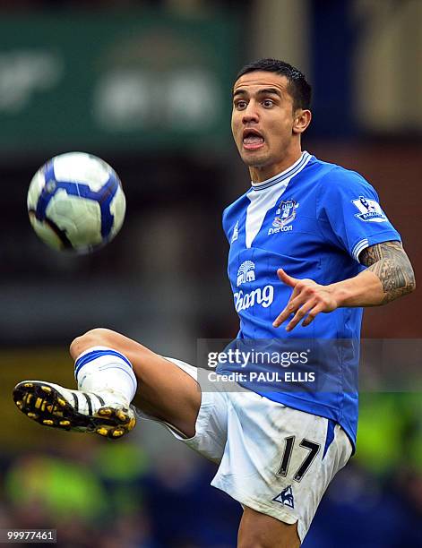 File picture taken on March 20, 2010 shows Everton's Australian midfielder Tim Cahill in action during his team's English Premier League football...