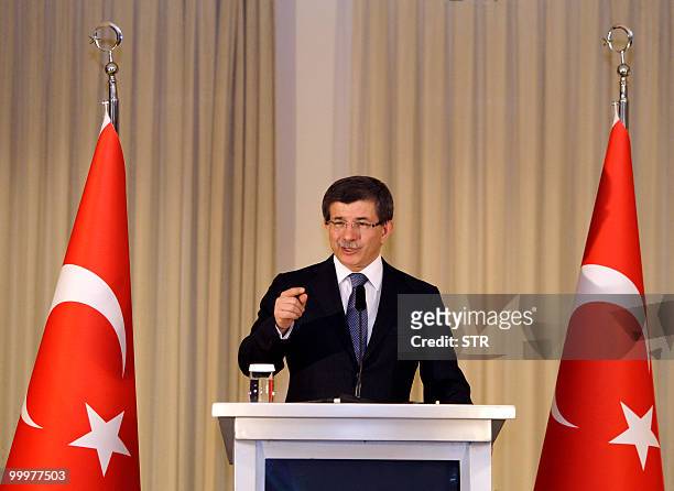 Turkey's Foreign Minister Ahmet Davutoglu speaks during a press conference in Istanbul,on May 18, 2010. Davutoglu called on Western powers not to...