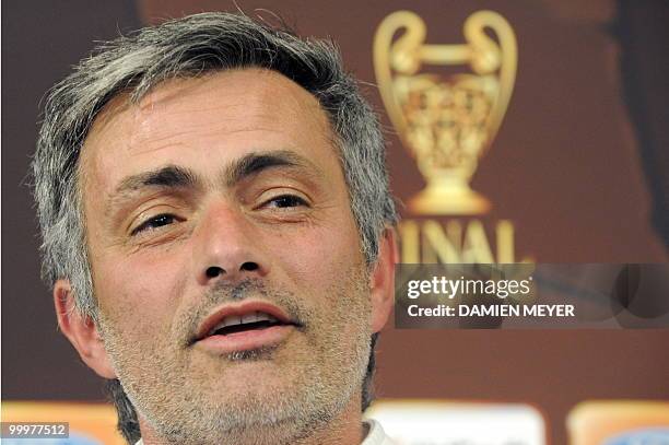 Inter Milan's Portuguese coach Jose Mourinho gives a press conference at the Inter Milan training center in Appiano Gentille on May 18, 2010. Inter...